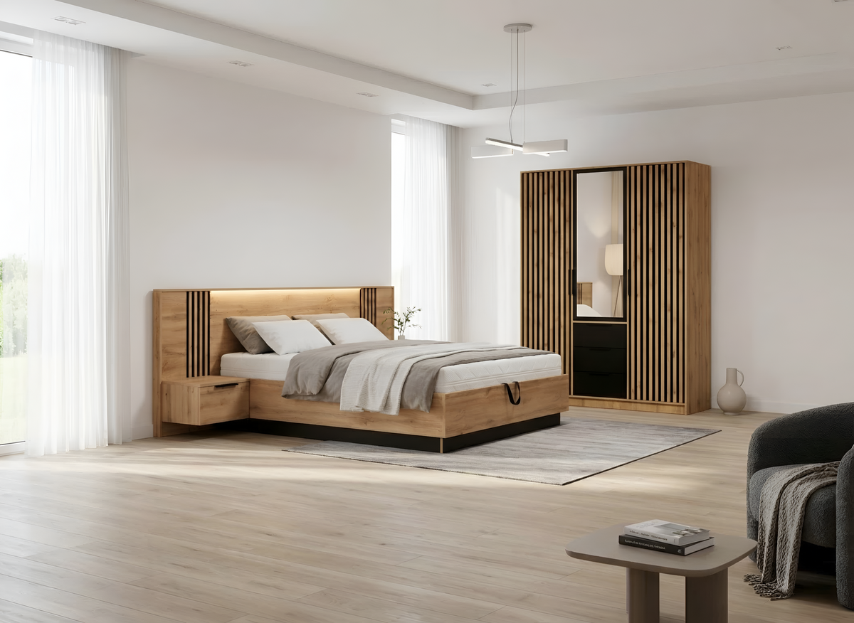 Łóżko Bali Lux 160x200 z LED i szafkami nocnymi | Nowoczesne łóżko
