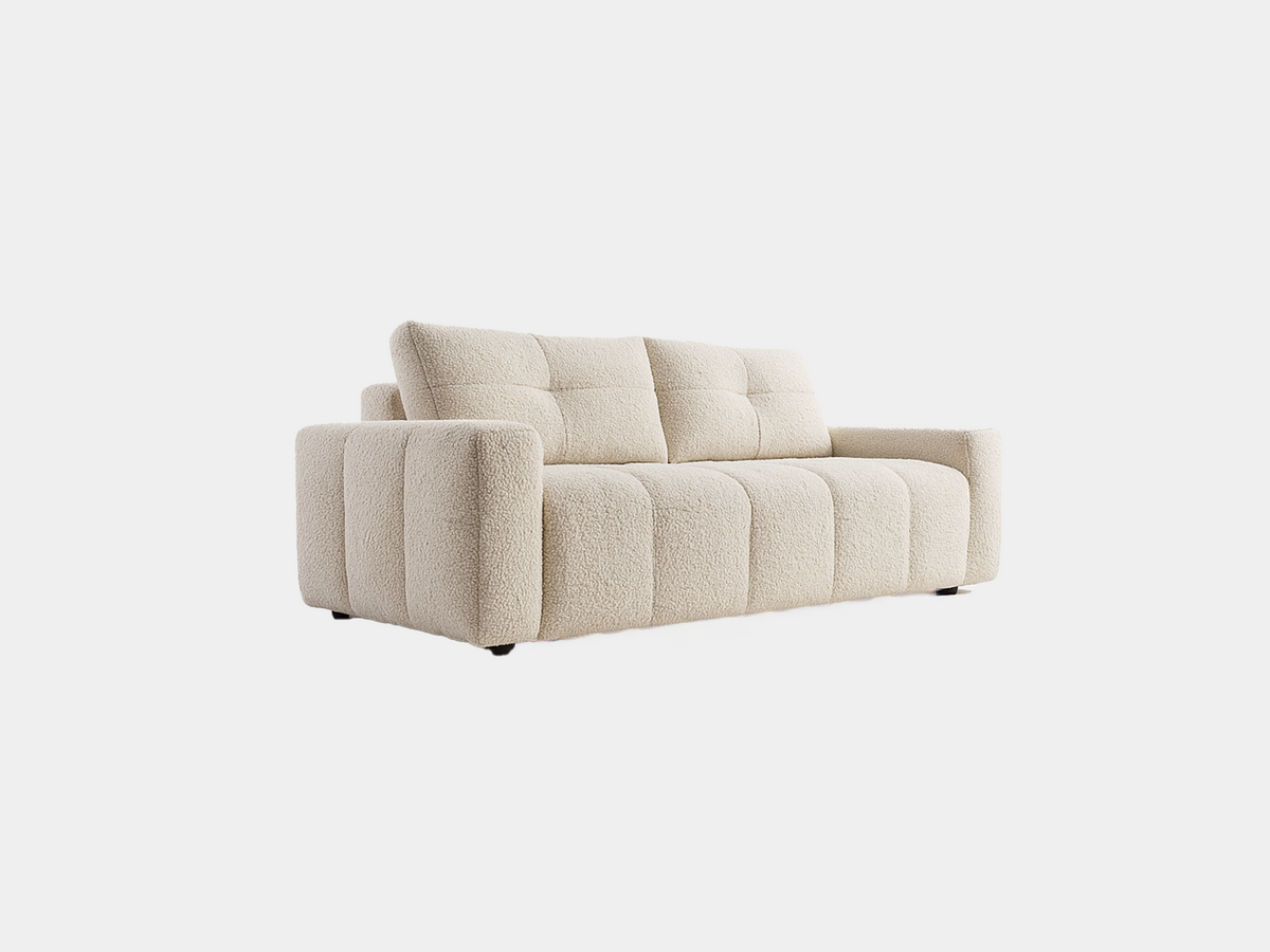Sofa Daisy pikowana z funkcją spania w tkaninie boucle